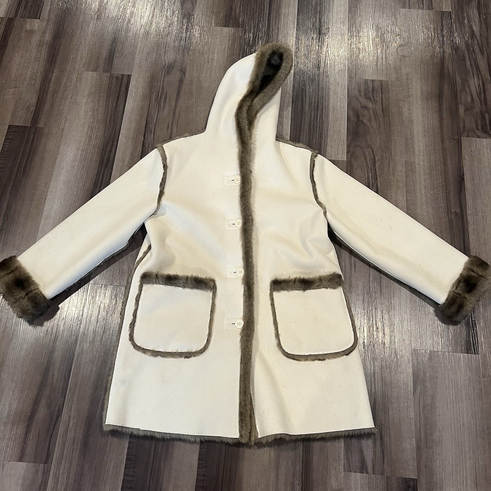 Dennis Basso Brown Animal Print‎ Faux Fur Reversible Hooded Coat Women's M